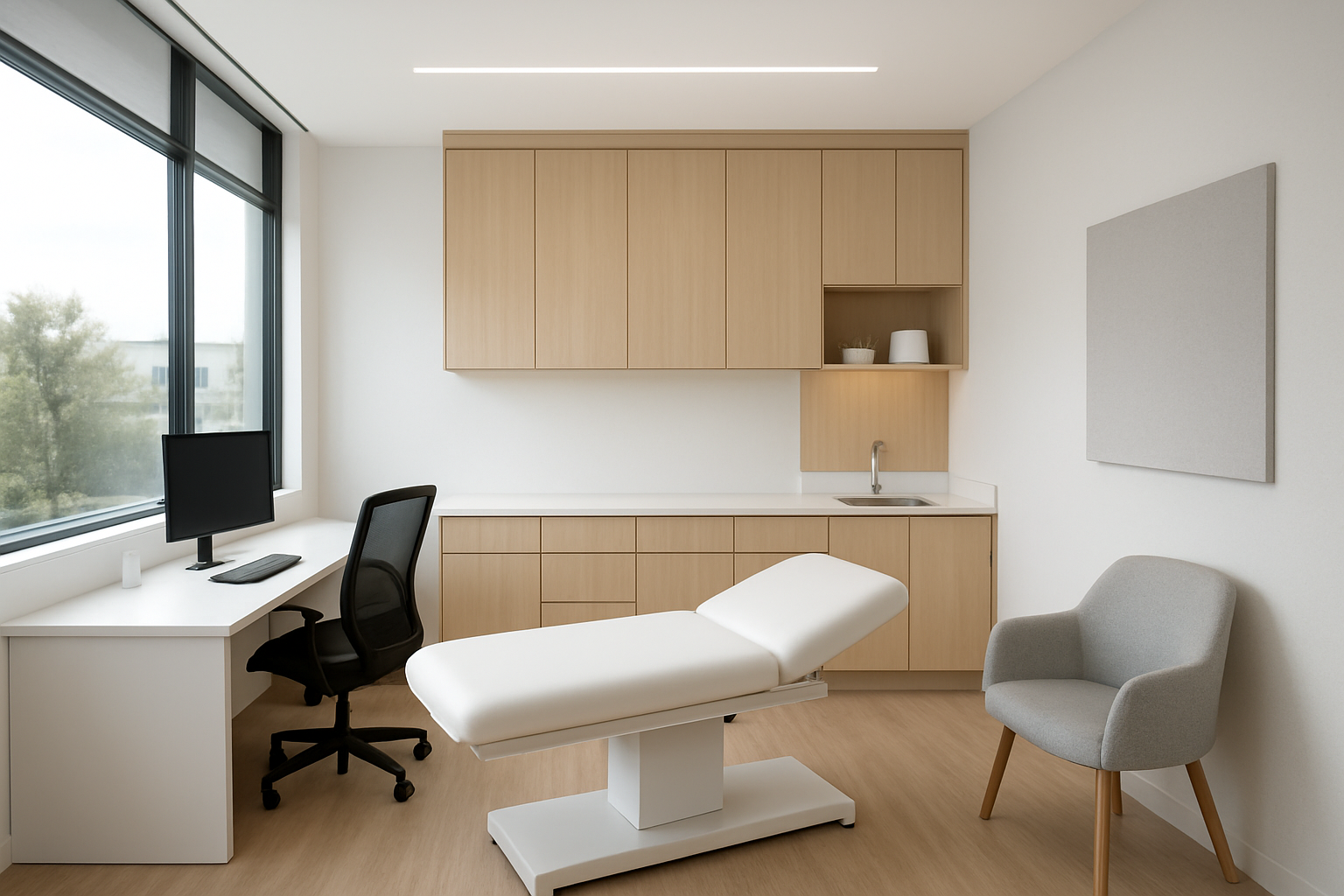 an empty modern healthcare examination room with a medical bed, desk, and computer
